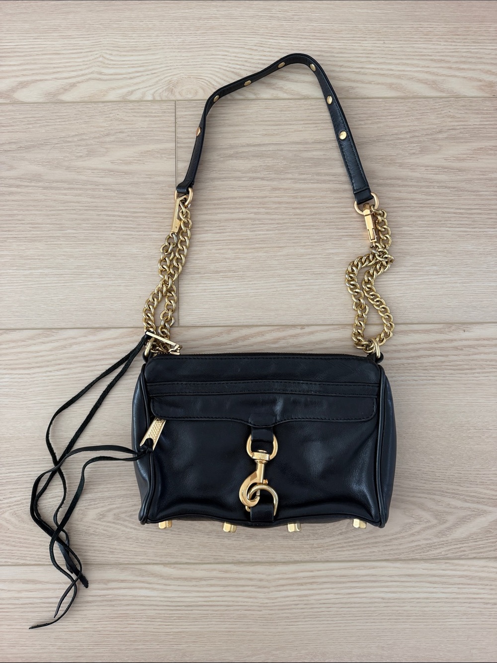 Rebecca Minkoff Mini Mac Black Leather Shoulder Bag with Gold Chain